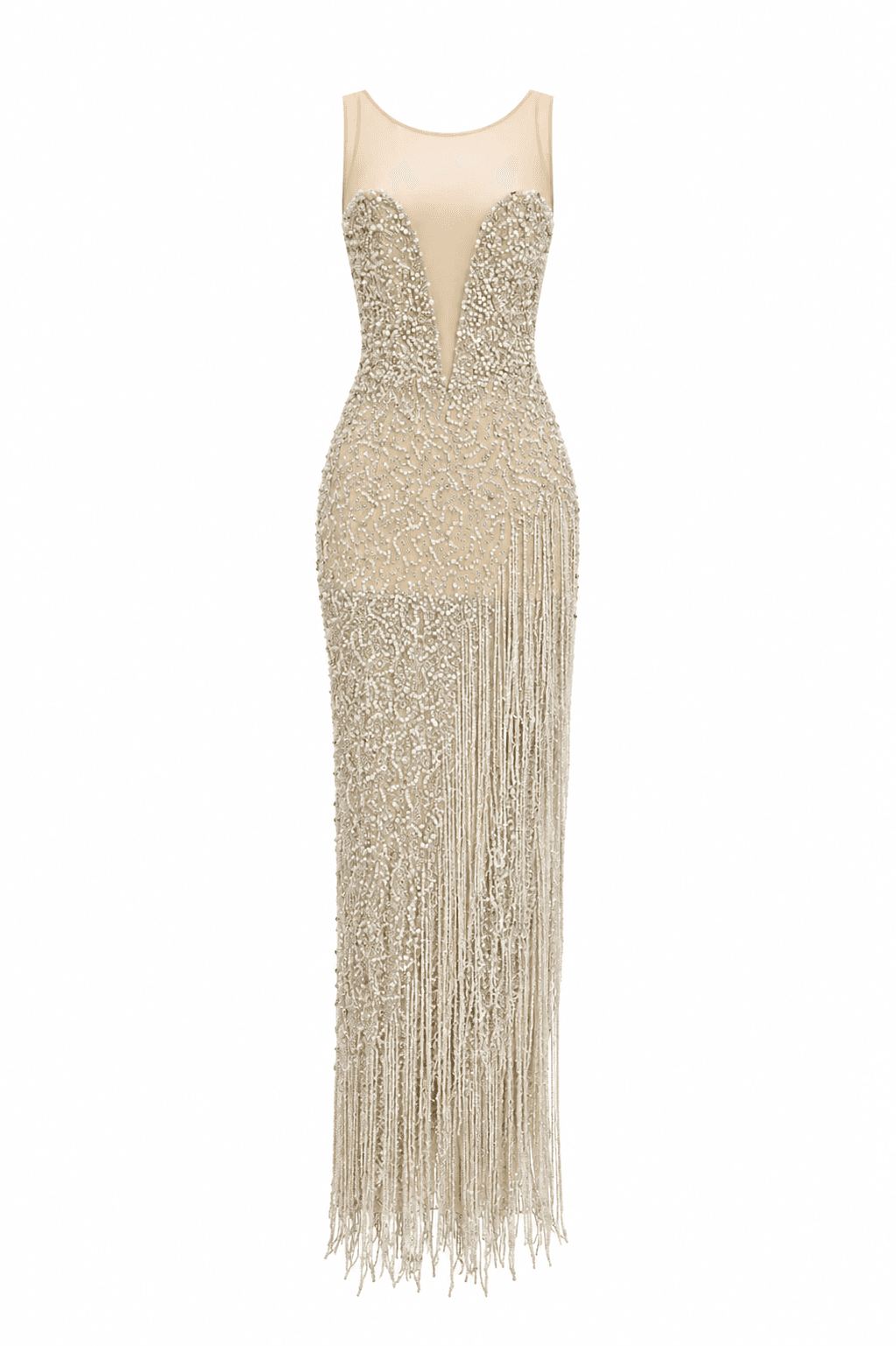 Crystal Embellished Illusion Fringe Gown 