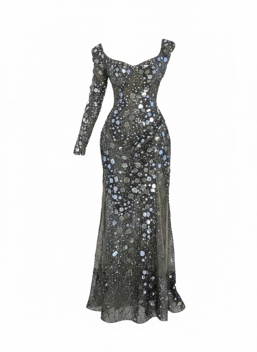 One-Sleeve Mirror-Embellished Evening Gown 