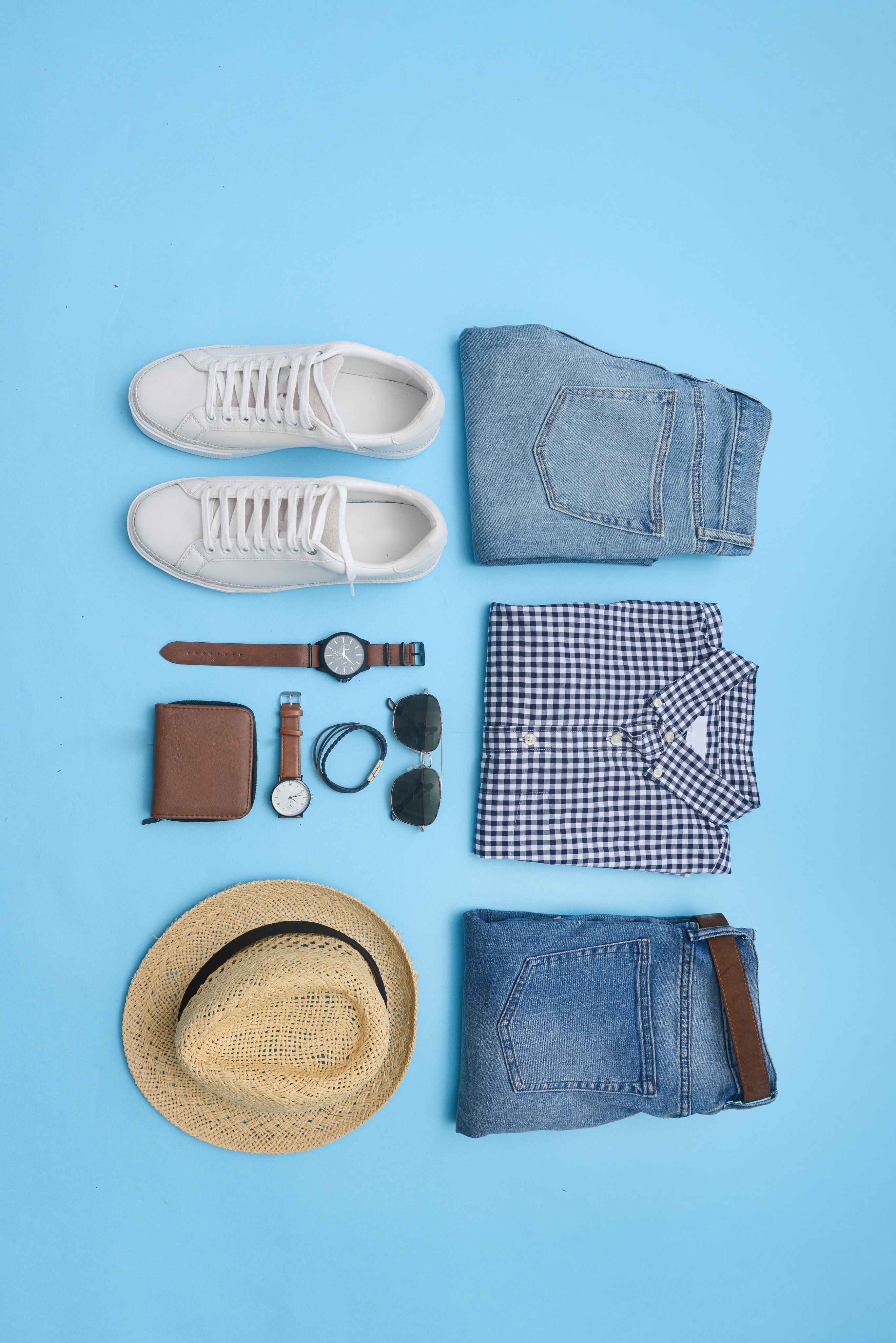 Curated look — sneakers, hat, jeans, accessories