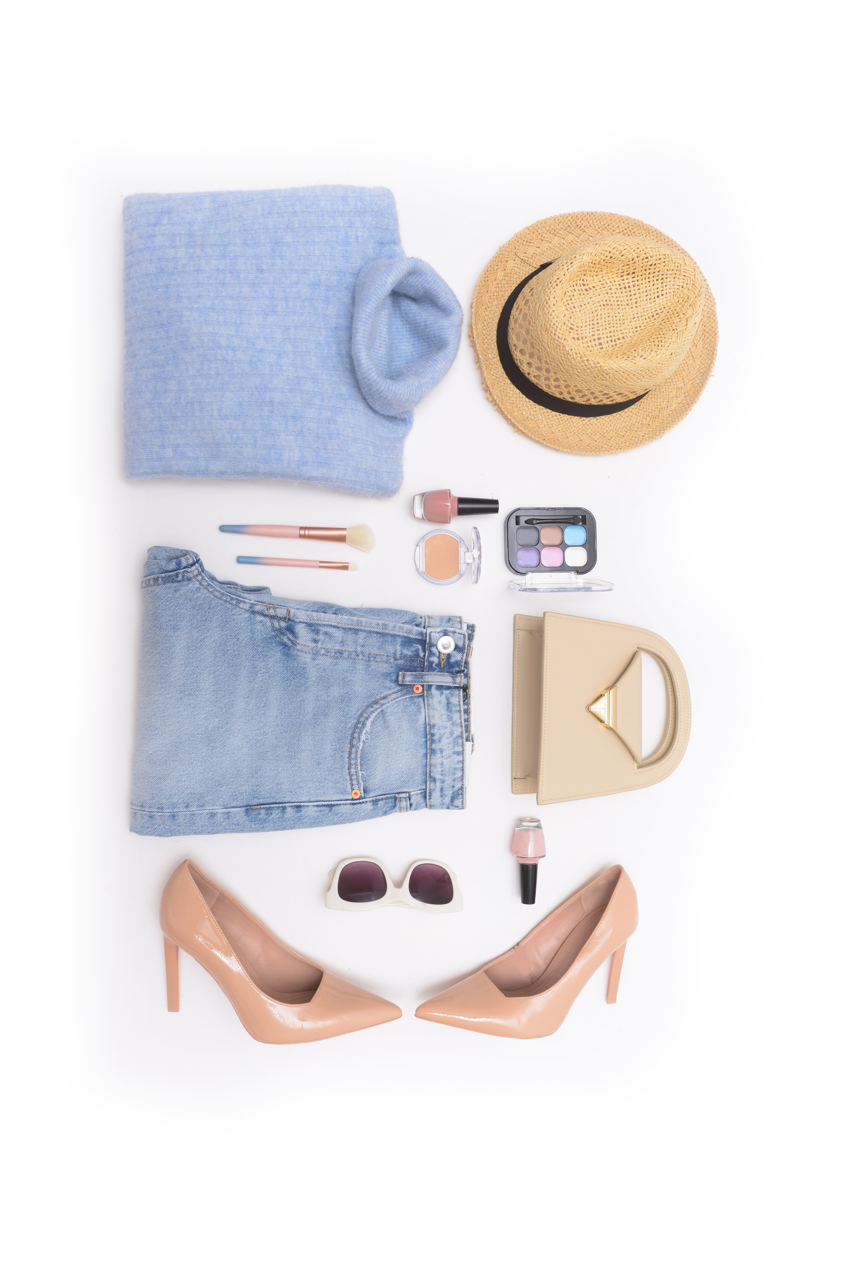 Curated look — denim shorts, blue dress, sandals