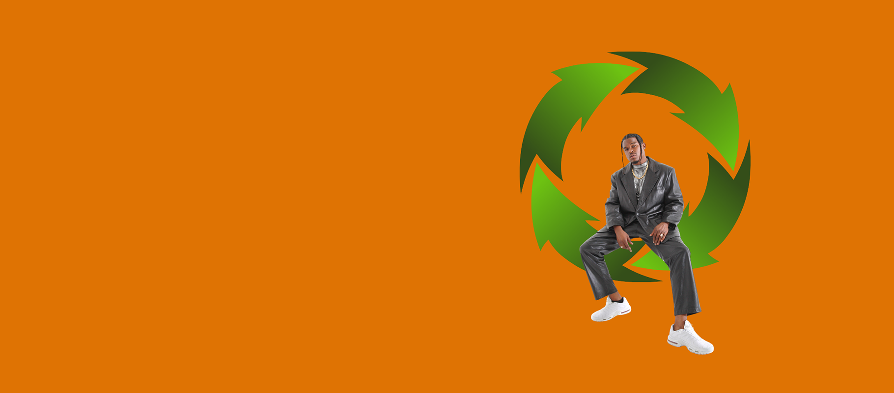 Model sitting within green recycling arrows